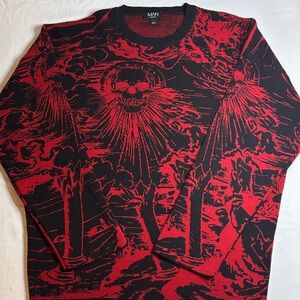 BoohooMAN Oversized Black and Red Graphic Goth Grunge Crewneck Pullover Sweater